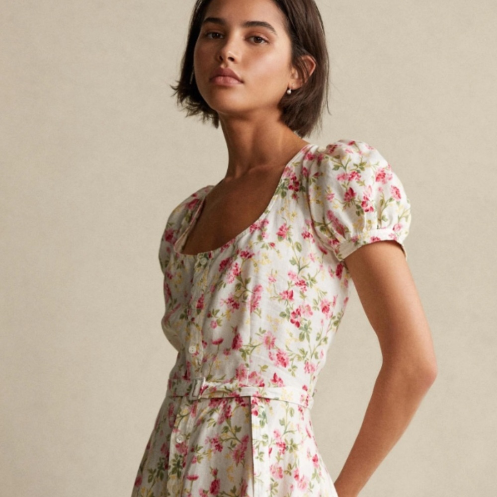 Ralph Lauren Linen Floral Printed Maxi Dress Sweet Pea Pattern Size 4